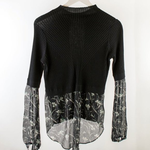 Veronica Beard Moon Black Ribbed Floral Mixed Media Sweater - Picture 2 of 6